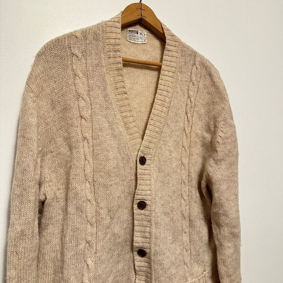Montgomery Ward Vtg 70s Cable Knit Sweater Cream Cardigan Size XL Fishermancore - Picture 2 of 6